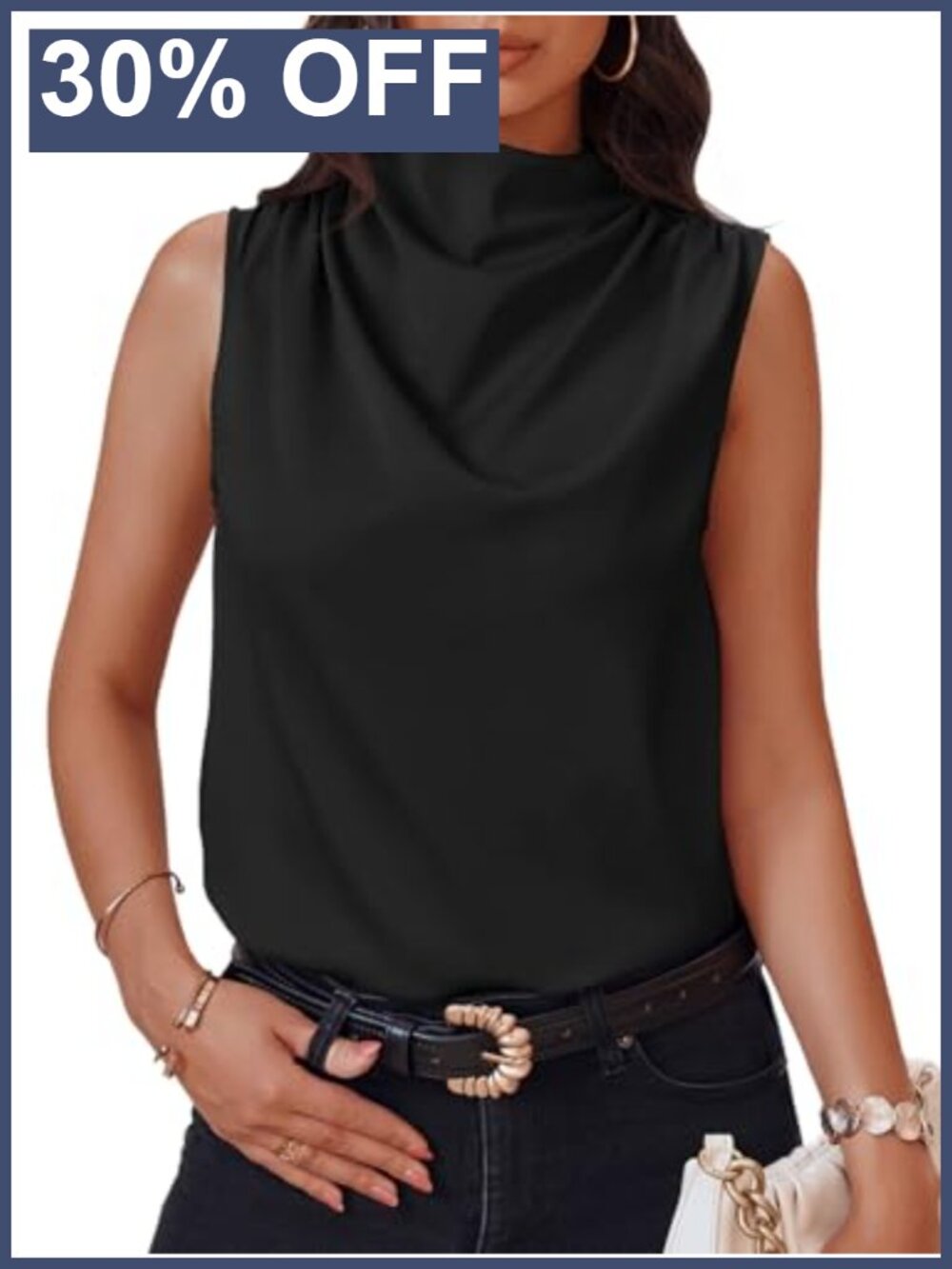 Mock Neck Satin Tank Top Sleeveless Ruched Business Casual Blouse